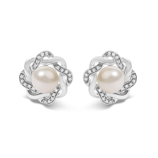 1/10 Ct. T.W. Cultured Pearl and Diamond Floral Twist Stud Earrings in Sterling Silver, photo 1