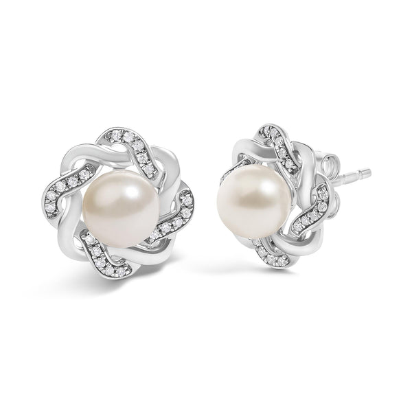 1/10 Ct. T.W. Cultured Pearl and Diamond Floral Twist Stud Earrings in Sterling Silver, photo 2