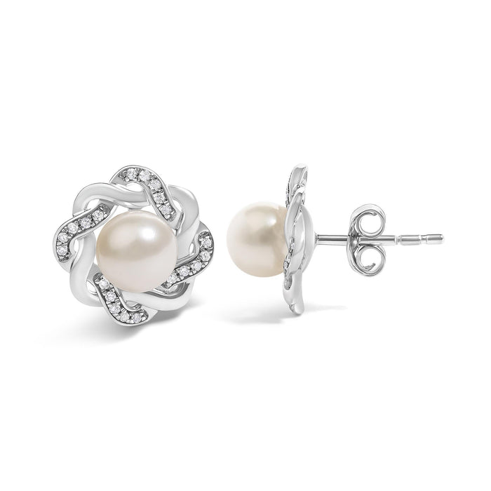 Aretes de botón florales trenzados con perla cultivada y diamantes de 1/10 ct. p.t. en plata de ley, foto 4