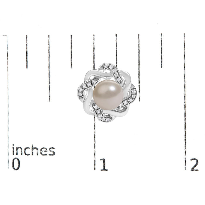 Aretes de botón florales trenzados con perla cultivada y diamantes de 1/10 ct. p.t. en plata de ley, foto 5