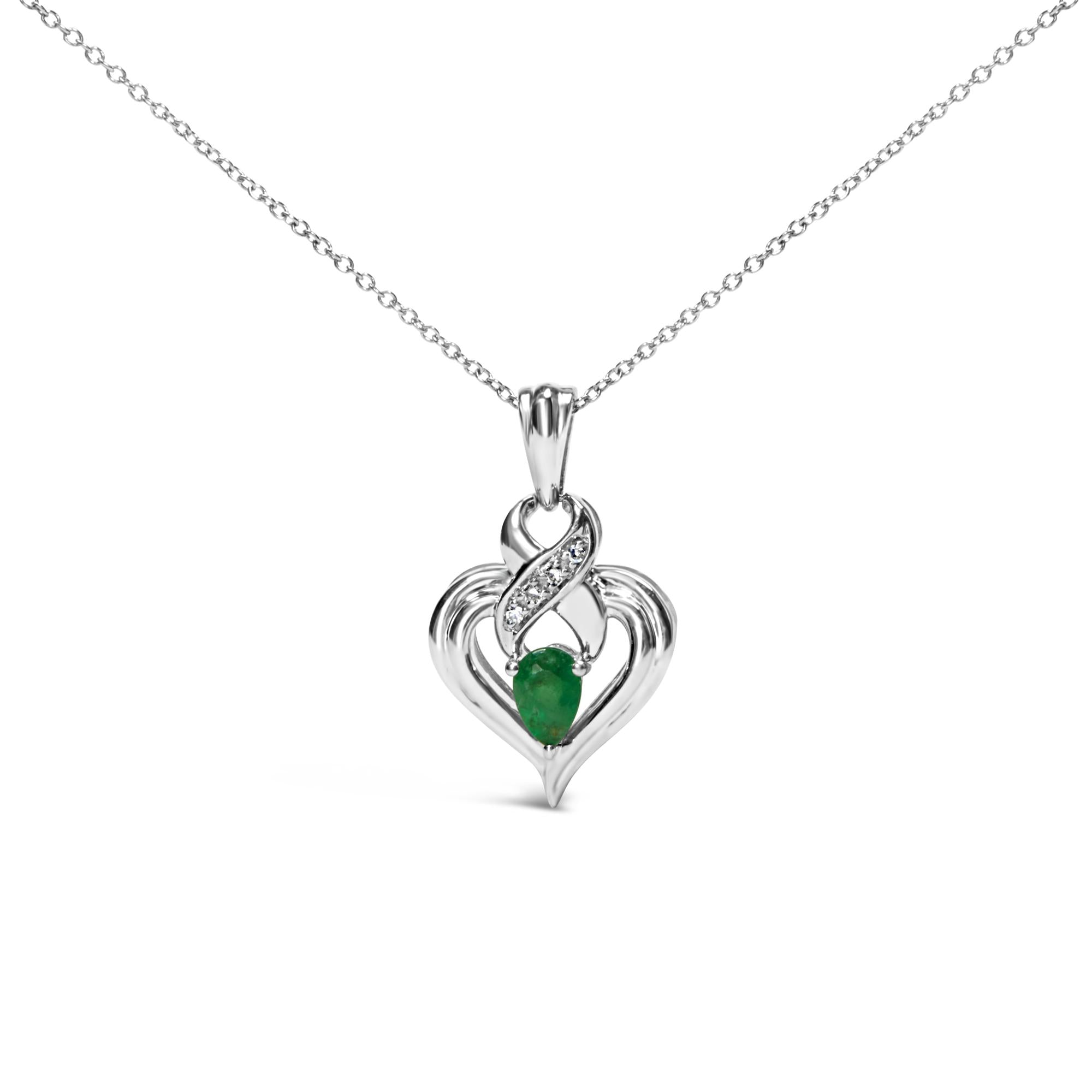 6x4mm Pear Emerald and Diamond Accent Heart Pendant Necklace in Sterling Silver, photo 1