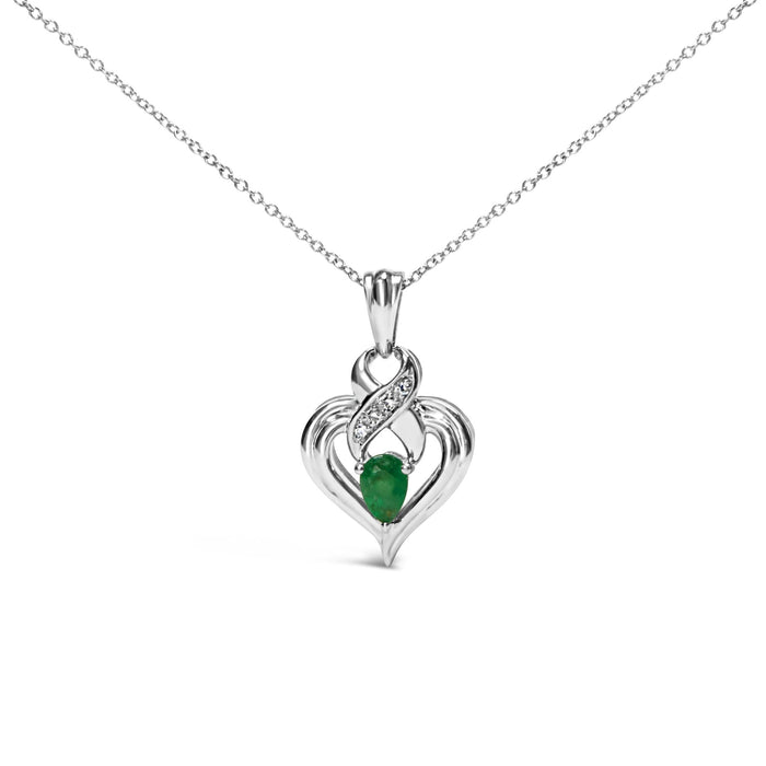 6x4mm Pear Emerald and Diamond Accent Heart Pendant Necklace in Sterling Silver, photo 1