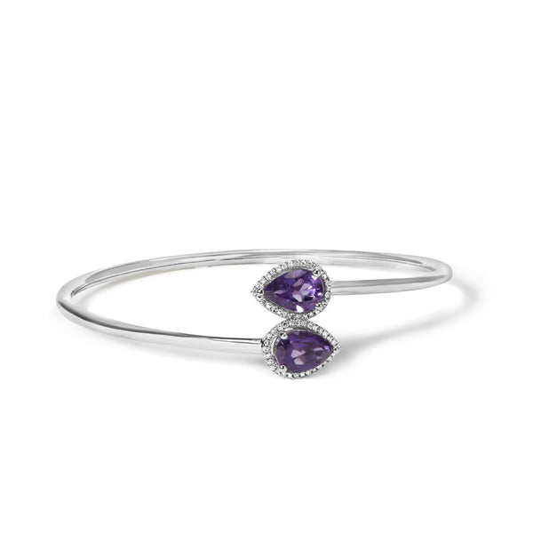 Brazalete rígido bypass con halo, amatista talla pera de 8 x 5.5mm y detalle de diamante en plata de ley, foto 1