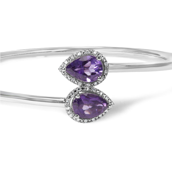Brazalete rígido bypass con halo, amatista talla pera de 8 x 5.5mm y detalle de diamante en plata de ley, foto 2