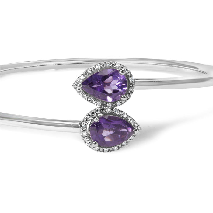 Brazalete rígido bypass con halo, amatista talla pera de 8 x 5.5mm y detalle de diamante en plata de ley, foto 2