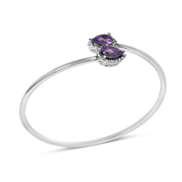 Brazalete rígido bypass con halo, amatista talla pera de 8 x 5.5mm y detalle de diamante en plata de ley, foto 4