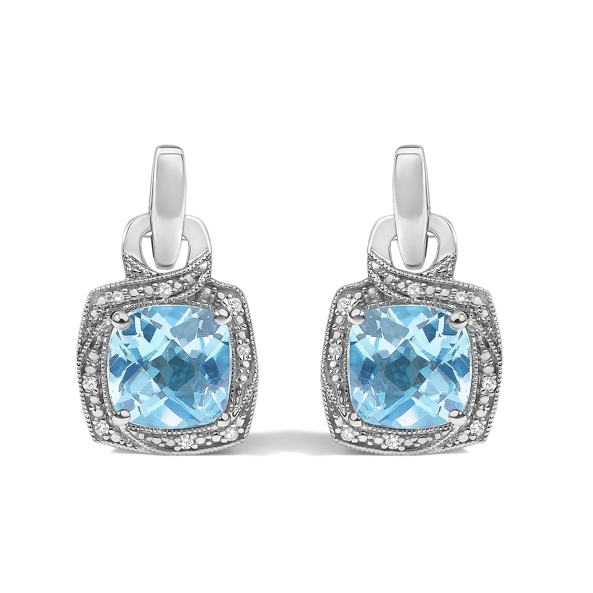 Aretes colgantes geométricos con topacio azul talla cojín y detalle de diamante en plata de ley, foto 1