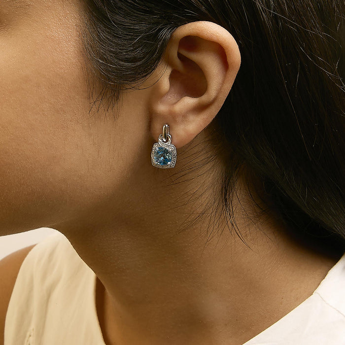 Aretes colgantes geométricos con topacio azul talla cojín y detalle de diamante en plata de ley, foto 3