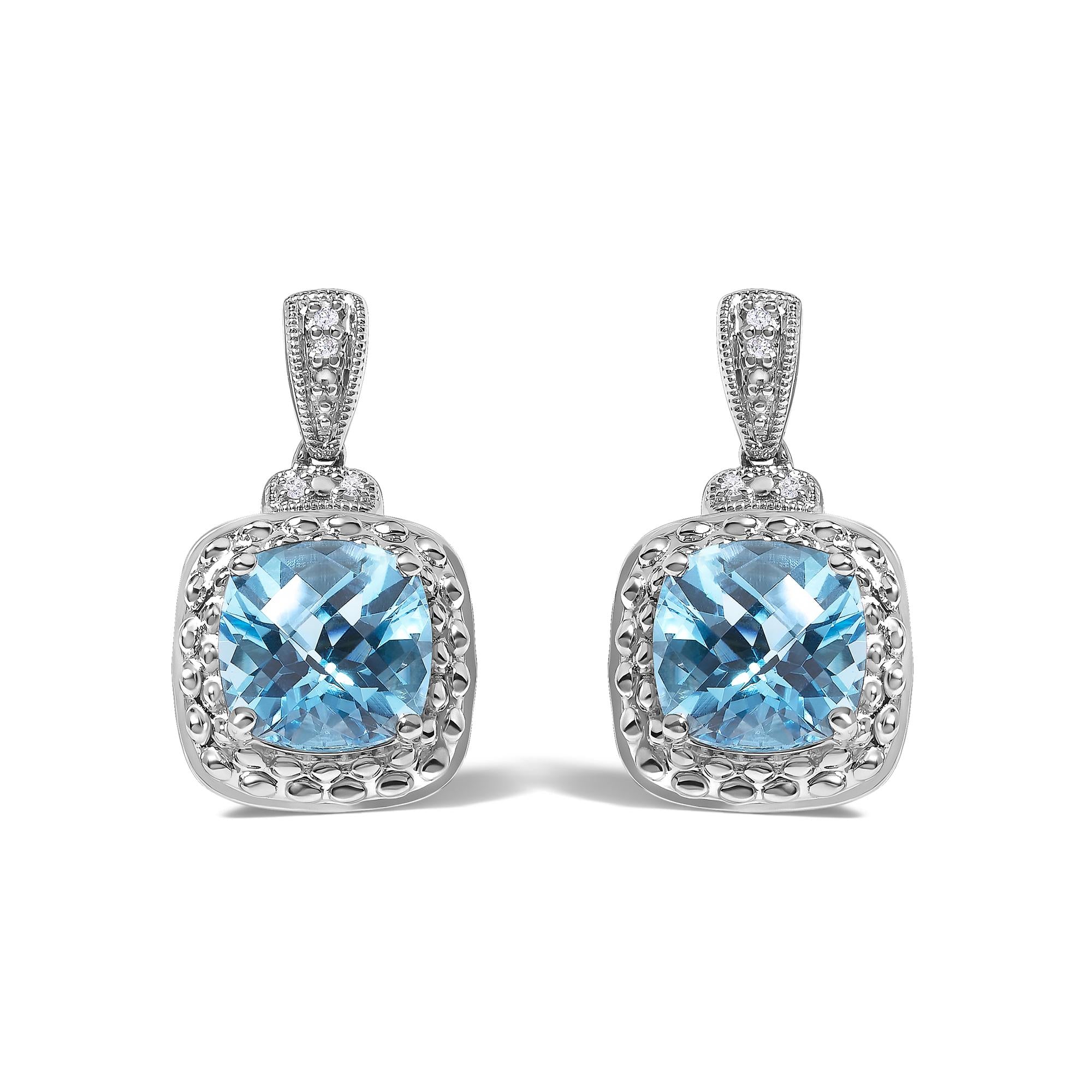 8x8mm Cushion-Cut Blue Topaz and Diamond Accent Drop Earrings in Sterling Silver, photo 1