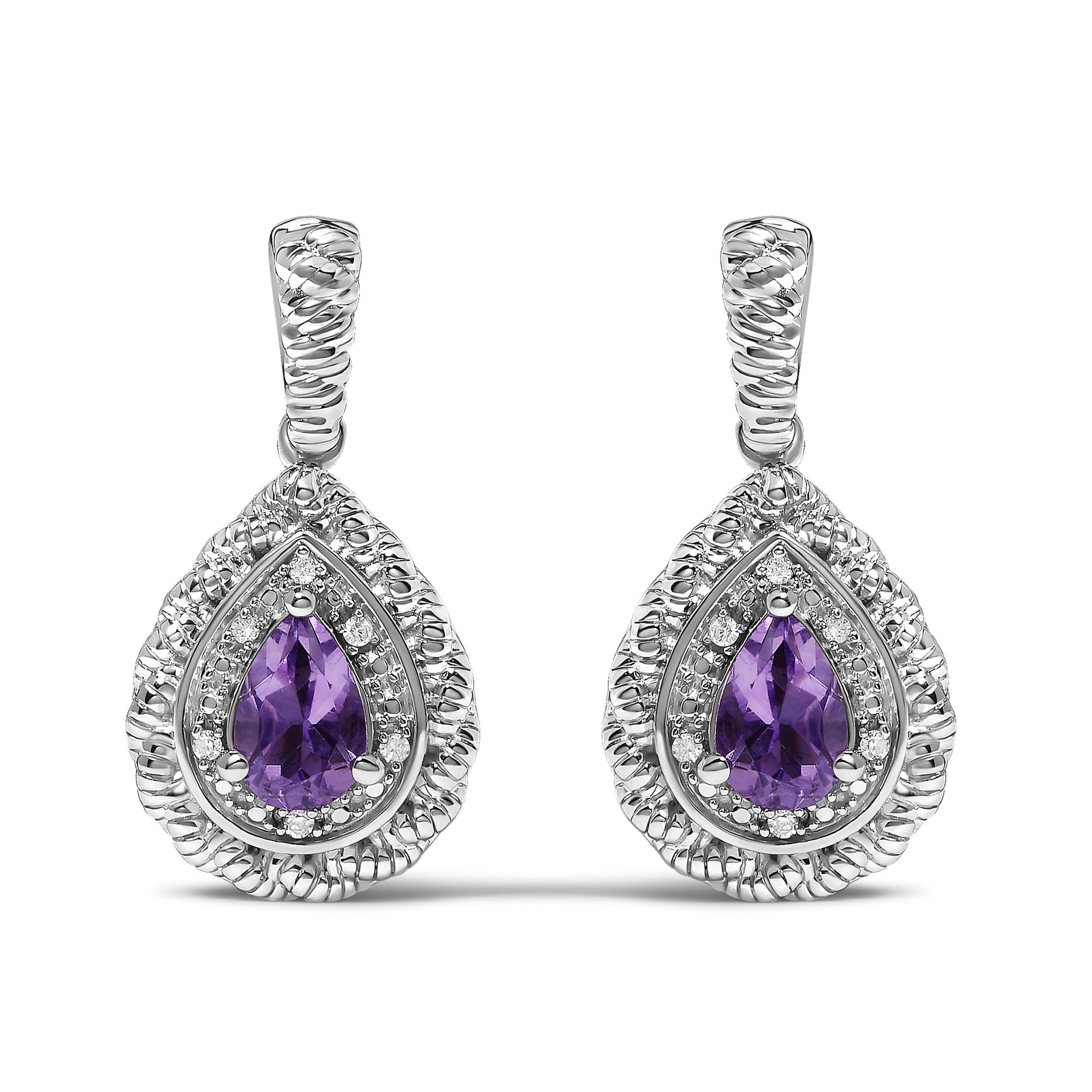 Aretes colgantes de gota con amatista talla pera y detalle de diamante en plata de ley, foto 1