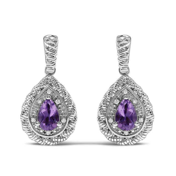 Aretes colgantes de gota con amatista talla pera y detalle de diamante en plata de ley, foto 1