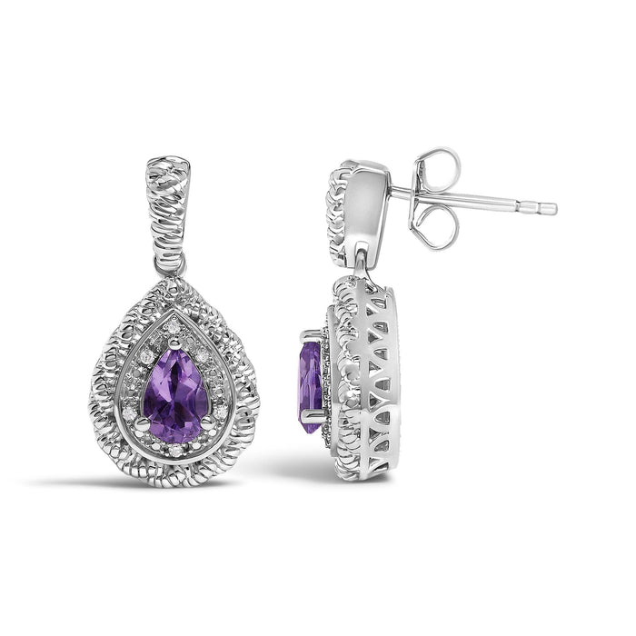 Aretes colgantes de gota con amatista talla pera y detalle de diamante en plata de ley, foto 4