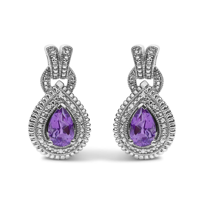 Aretes de botón de gota con amatista talla pera y detalle de diamante en plata de ley, foto 1