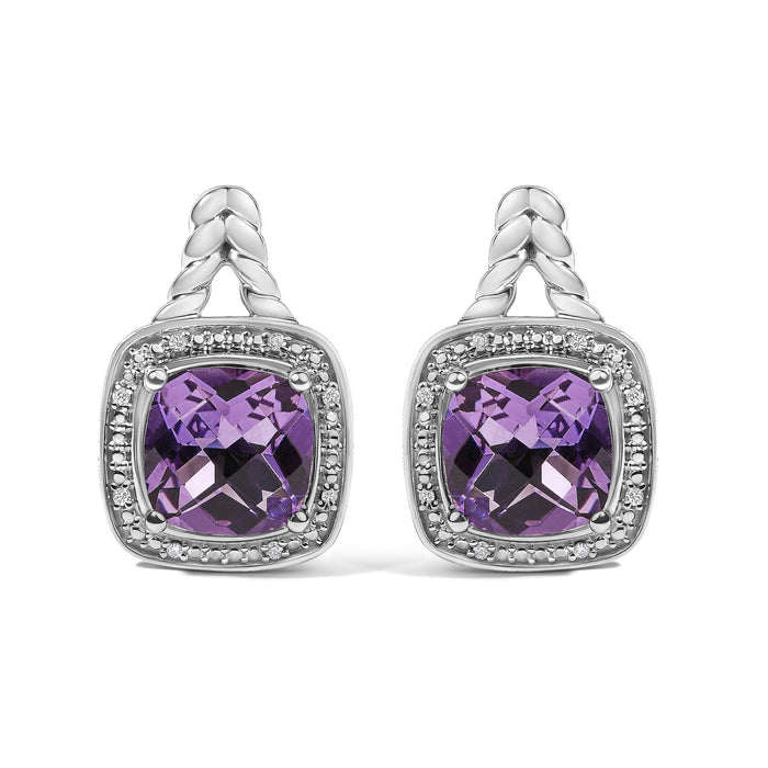 Cushion-Cut Amethyst and Diamond Accent Halo Drop Earrings in Sterling Silver, photo 1