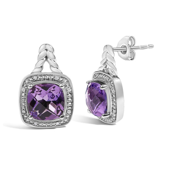 Cushion-Cut Amethyst and Diamond Accent Halo Drop Earrings in Sterling Silver, photo 2