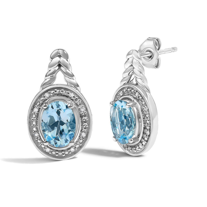 Oval Blue Topaz and Diamond Accent Twist and Halo Drop Earrings in Sterling Silver, photo 2