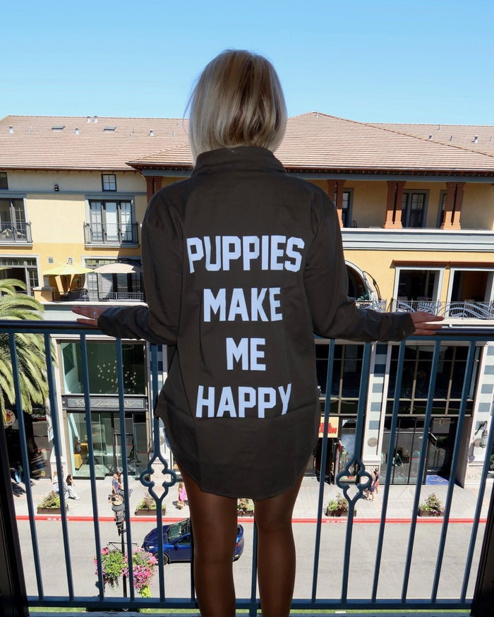 Puppies Make Me Happy Military Button-Up Shirt
