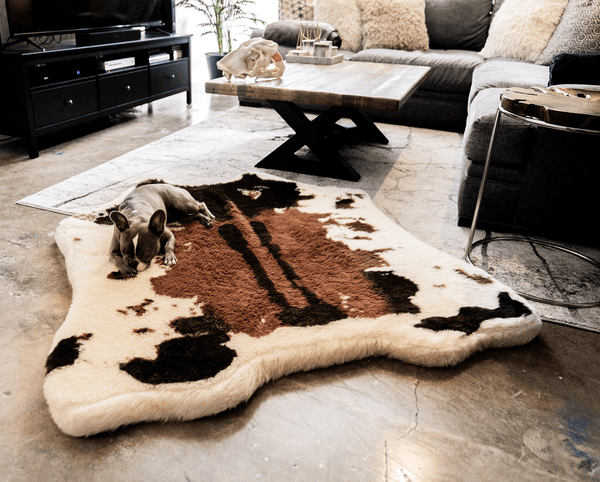 Cama PupRug de espuma viscoelástica con estampado animal para perro, piel de vaca sintética marrón, foto 2