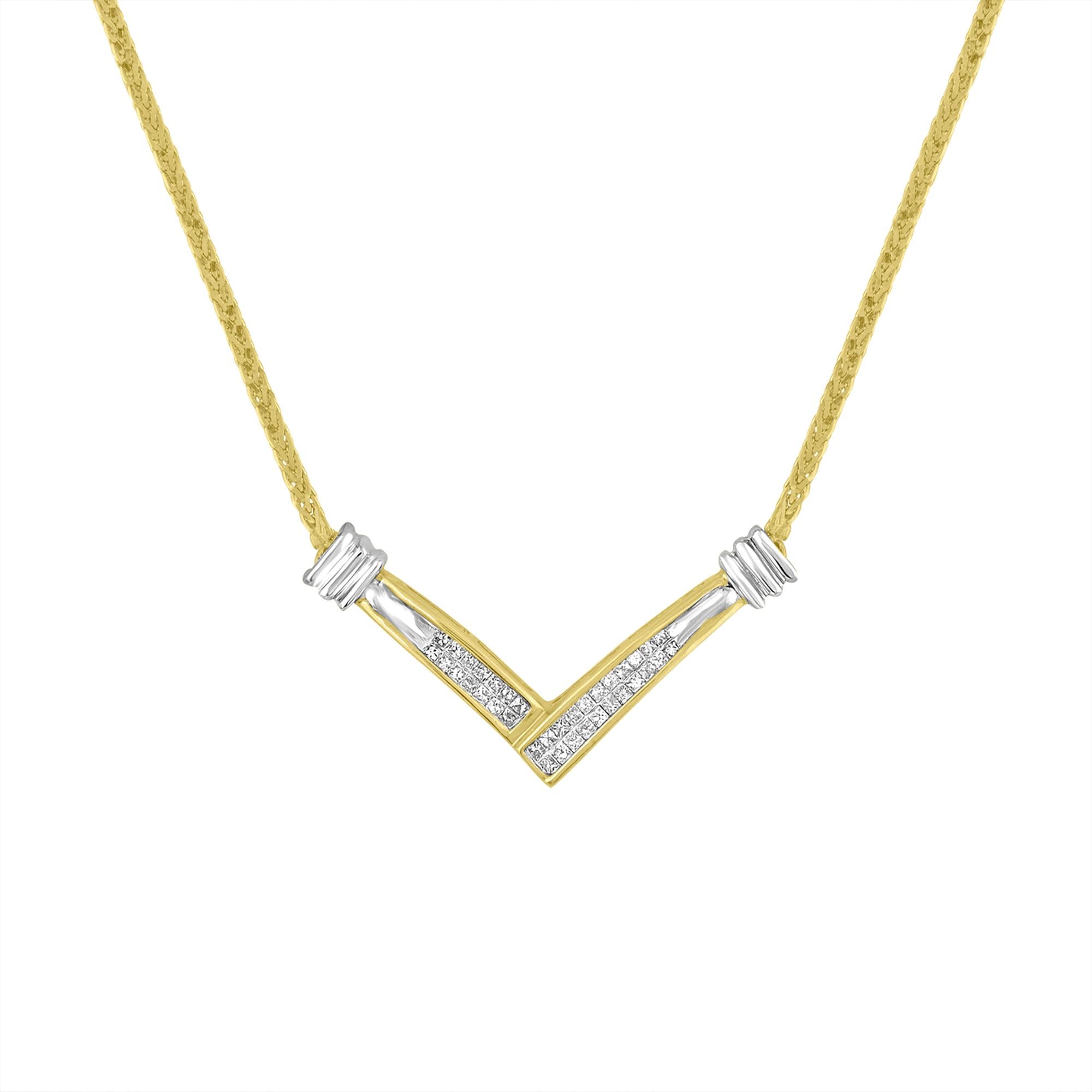 Collar con colgante en forma de V de canal con diamantes de 1/4 ct. p.t. en oro amarillo y blanco de 14K, foto 1