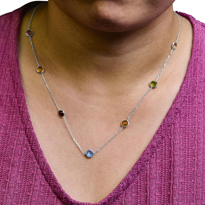 Collar ajustable de 7 estaciones de bisel con piedras preciosas mixtas creadas en laboratorio en oro blanco de 14K, foto 3