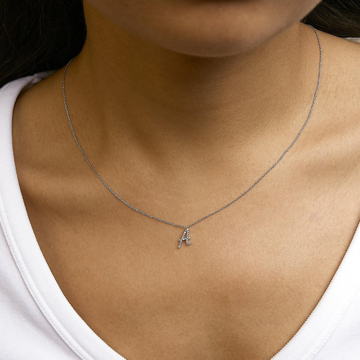 Diamond Accent A-Z Initial Script Style Pendant Necklace in 10K White Gold