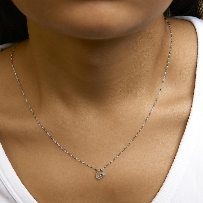 Diamond Accent A-Z Initial Script Style Pendant Necklace in 10K White Gold