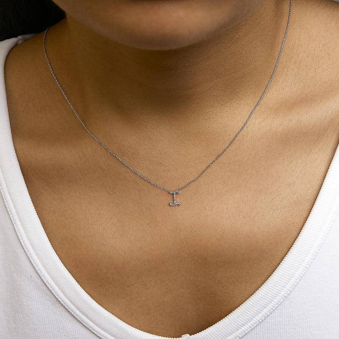 Diamond Accent A-Z Initial Script Style Pendant Necklace in 10K White Gold