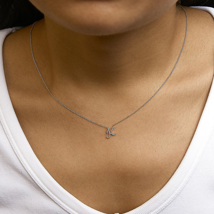 Diamond Accent A-Z Initial Script Style Pendant Necklace in 10K White Gold