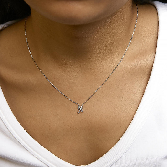 Diamond Accent A-Z Initial Script Style Pendant Necklace in 10K White Gold