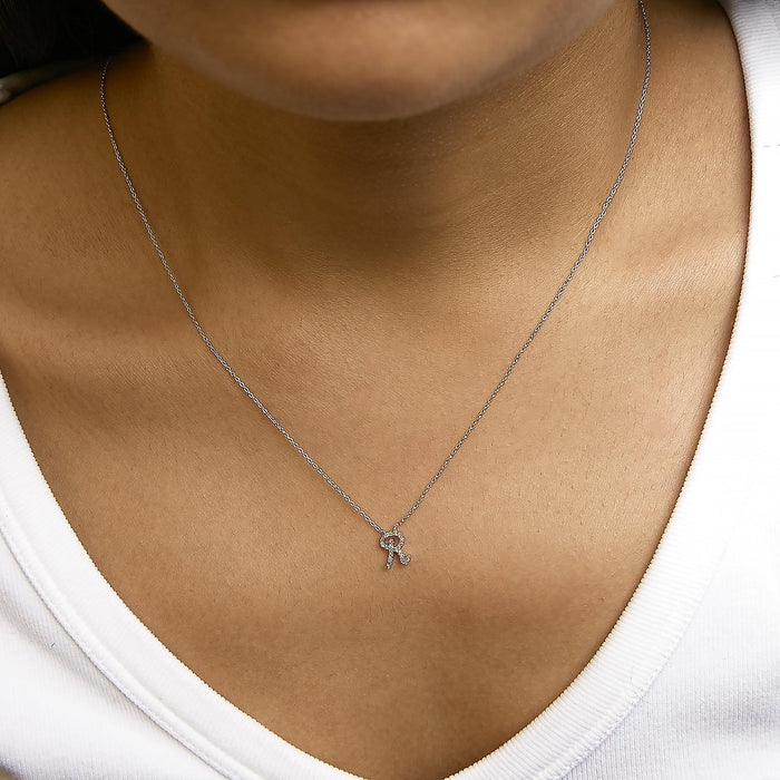 Diamond Accent A-Z Initial Script Style Pendant Necklace in 10K White Gold