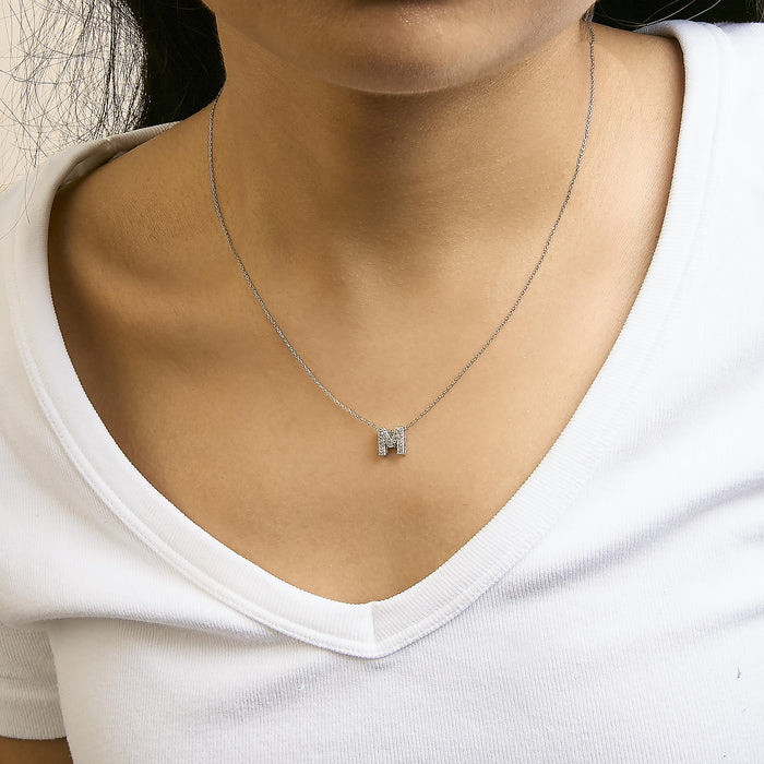 Diamond Accent A-Z Initial Bubble Pendant Necklace in 10K White Gold