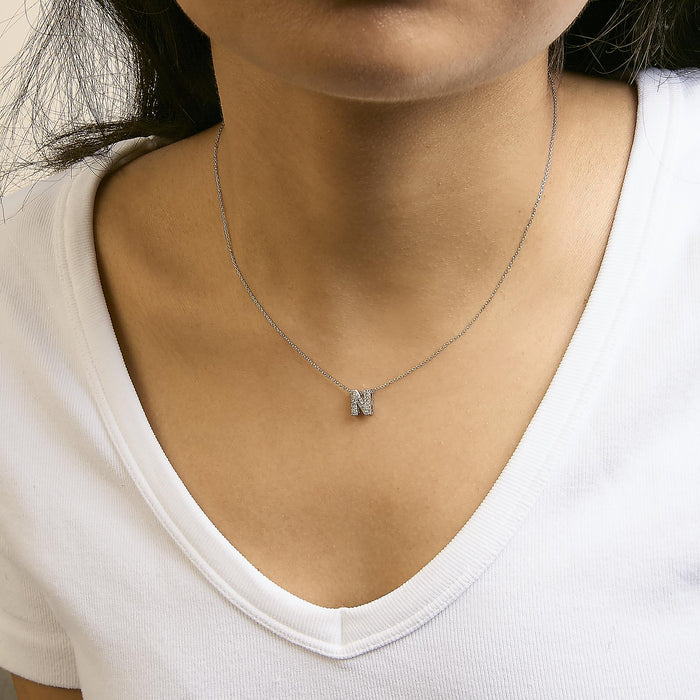 Diamond Accent A-Z Initial Bubble Pendant Necklace in 10K White Gold