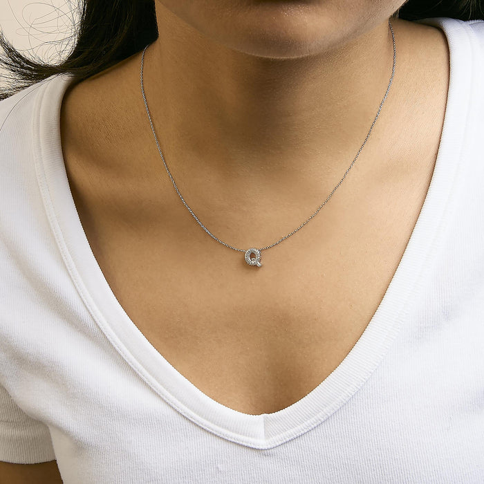 Diamond Accent A-Z Initial Bubble Pendant Necklace in 10K White Gold