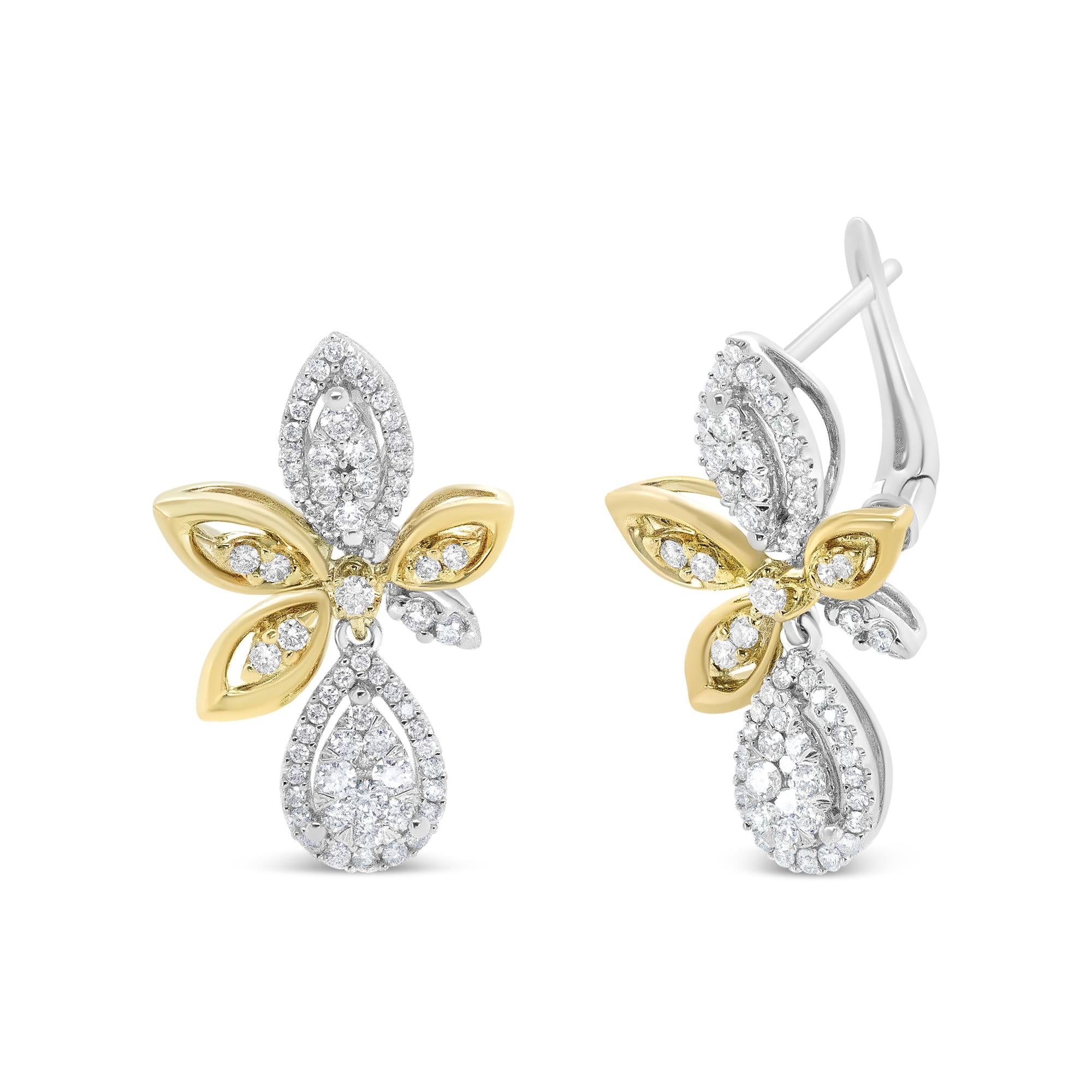 Aretes colgantes de lágrima y marquesa con diamantes redondos pavé de 1 ct. p.t. en oro blanco y amarillo de 14K, color H-I, claridad SI1-SI2, foto 1