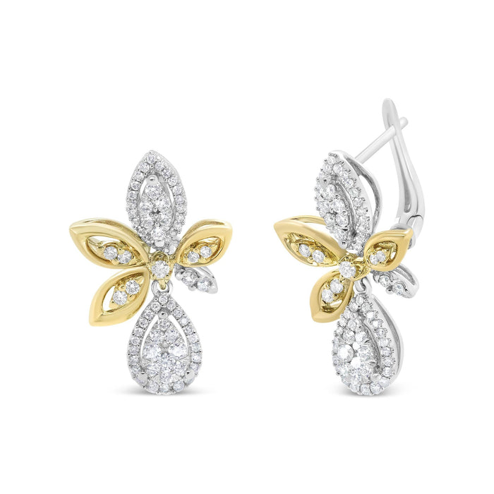 Aretes colgantes de lágrima y marquesa con diamantes redondos pavé de 1 ct. p.t. en oro blanco y amarillo de 14K, color H-I, claridad SI1-SI2, foto 1