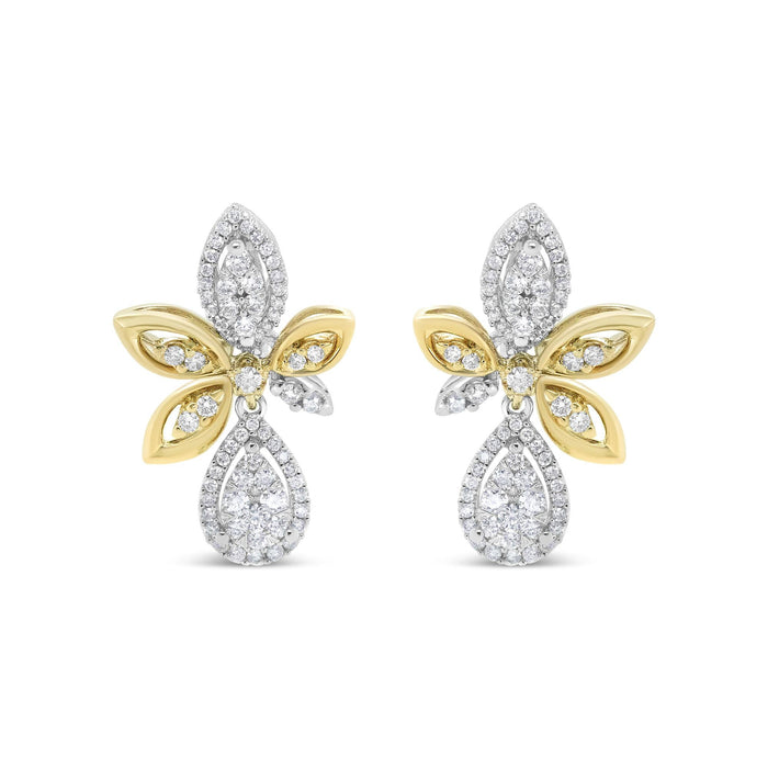 Aretes colgantes de lágrima y marquesa con diamantes redondos pavé de 1 ct. p.t. en oro blanco y amarillo de 14K, color H-I, claridad SI1-SI2, foto 2