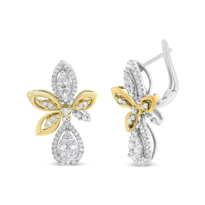 Aretes colgantes de lágrima y marquesa con diamantes redondos pavé de 1 ct. p.t. en oro blanco y amarillo de 14K, color H-I, claridad SI1-SI2, foto 5