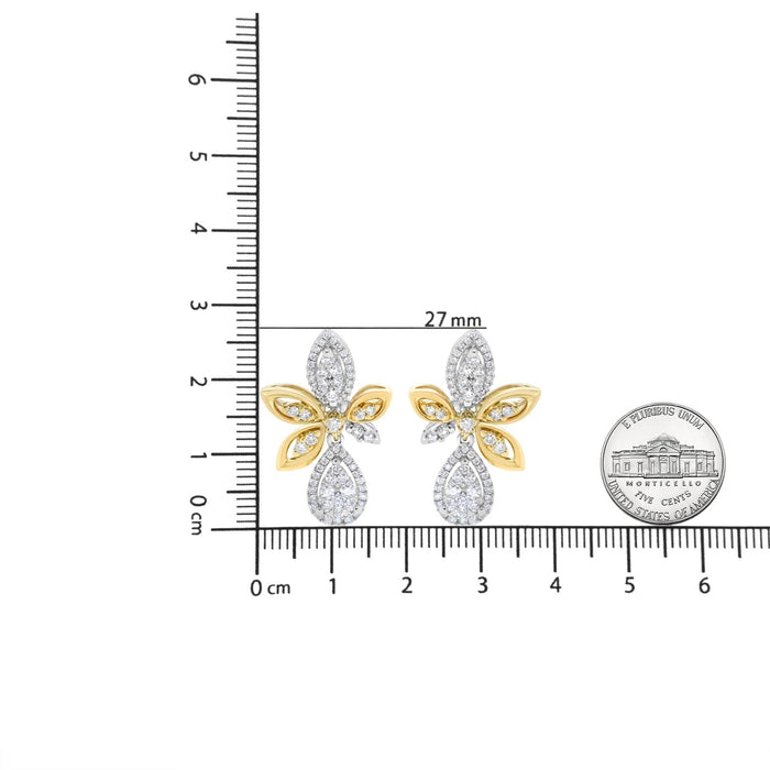 Aretes colgantes de lágrima y marquesa con diamantes redondos pavé de 1 ct. p.t. en oro blanco y amarillo de 14K, color H-I, claridad SI1-SI2, foto 6