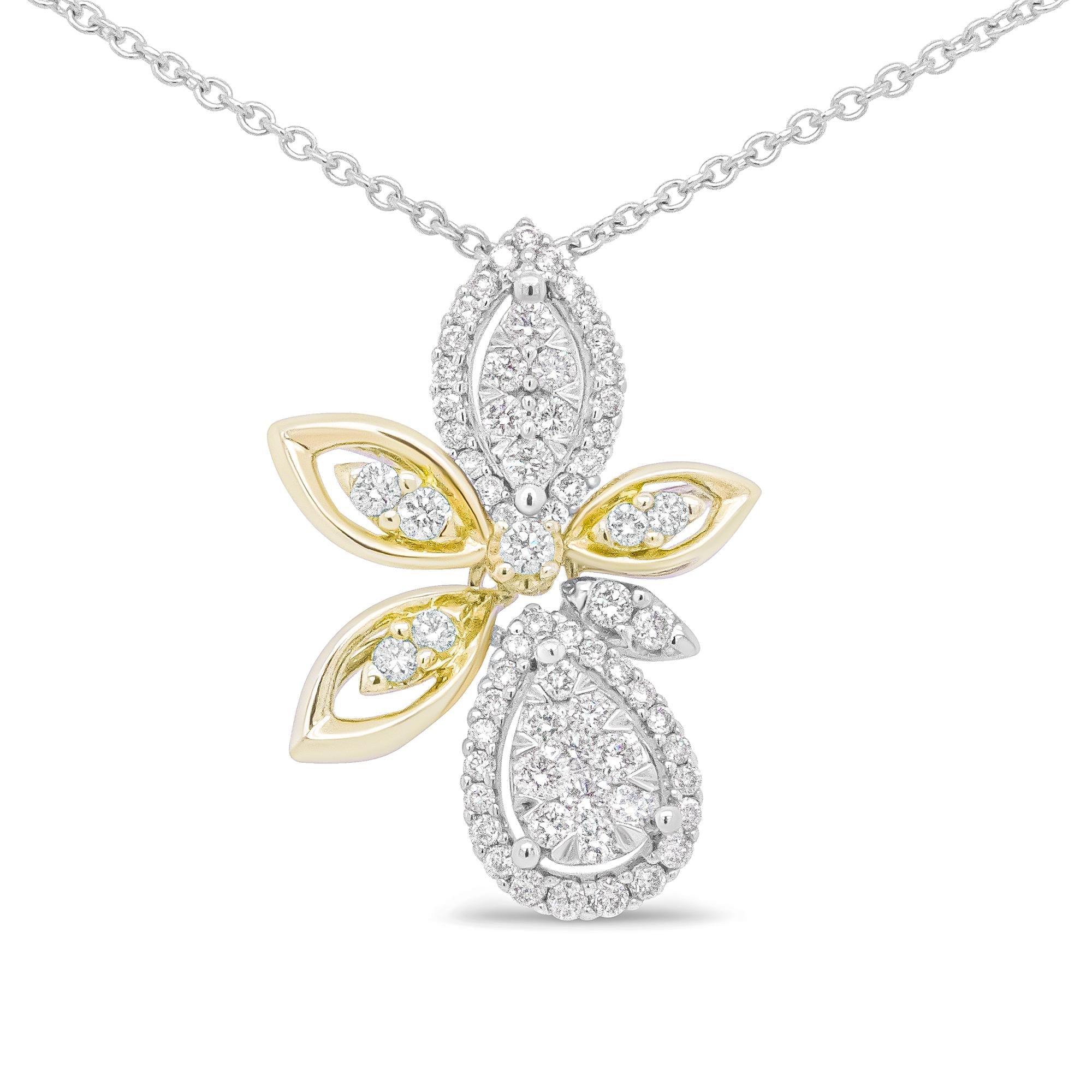 Collar con colgante estilo floral de marquesa con diamantes redondos de 5/8 ct. p.t. en oro blanco y amarillo de 14K, foto 1