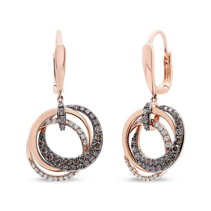 Aretes colgantes de aros entrelazados y círculo con diamantes blancos y marrones de 1 ct. p.t. en oro rosa de 14K, foto 1