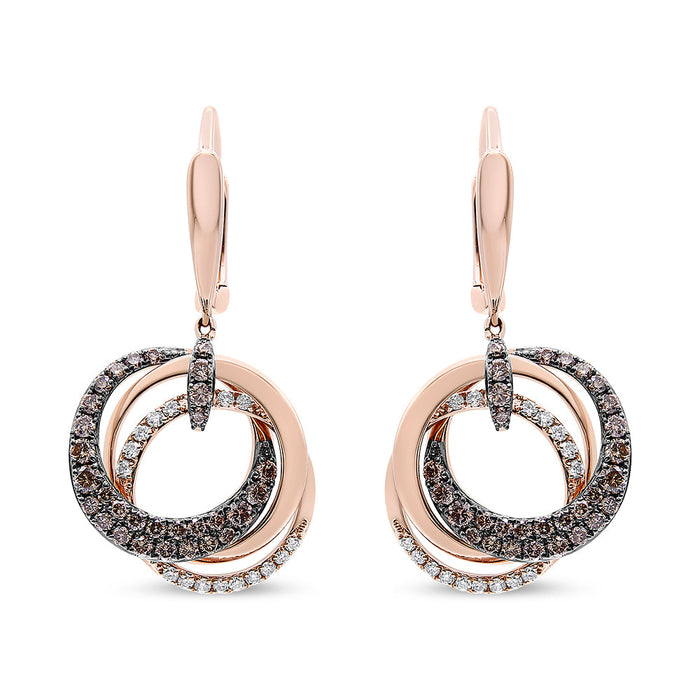 Aretes colgantes de aros entrelazados y círculo con diamantes blancos y marrones de 1 ct. p.t. en oro rosa de 14K, foto 2