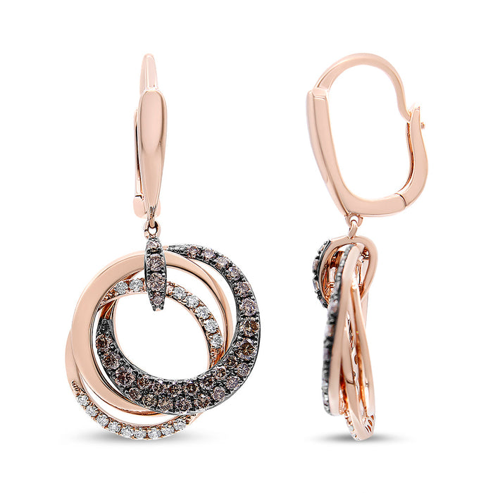 Aretes colgantes de aros entrelazados y círculo con diamantes blancos y marrones de 1 ct. p.t. en oro rosa de 14K, foto 4