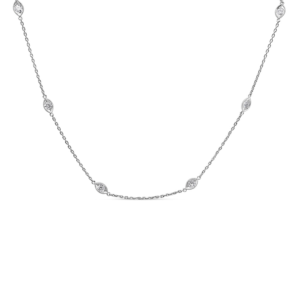 1 Ct. T.W. Bezel-Set Round Diamond Marquise-Shaped Milgrain Station Collar Necklace in 14K White Gold, photo 1