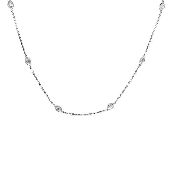 1 Ct. T.W. Bezel-Set Round Diamond Marquise-Shaped Milgrain Station Collar Necklace in 14K White Gold, photo 1