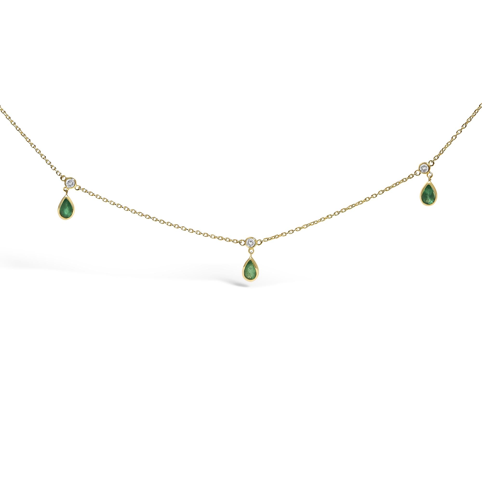 Dangling 5x3 mm Green Emerald and Diamond Station Necklace in 10K Yellow Gold, photo 1