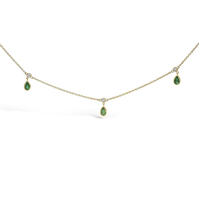 Dangling 5x3 mm Green Emerald and Diamond Station Necklace in 10K Yellow Gold, photo 1