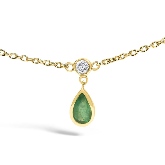 Dangling 5x3 mm Green Emerald and Diamond Station Necklace in 10K Yellow Gold, photo 2