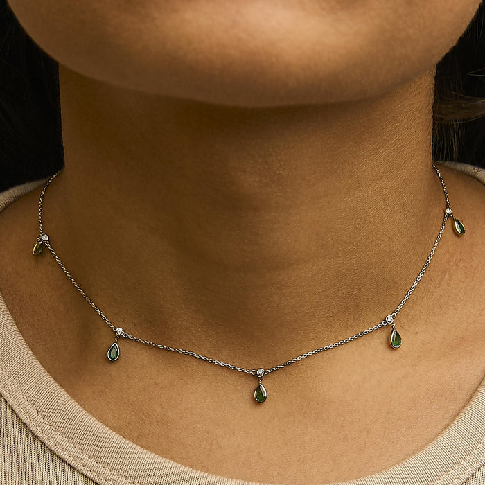 Dangling 5x3 mm Green Emerald and Diamond Station Necklace in 10K Yellow Gold, photo 3