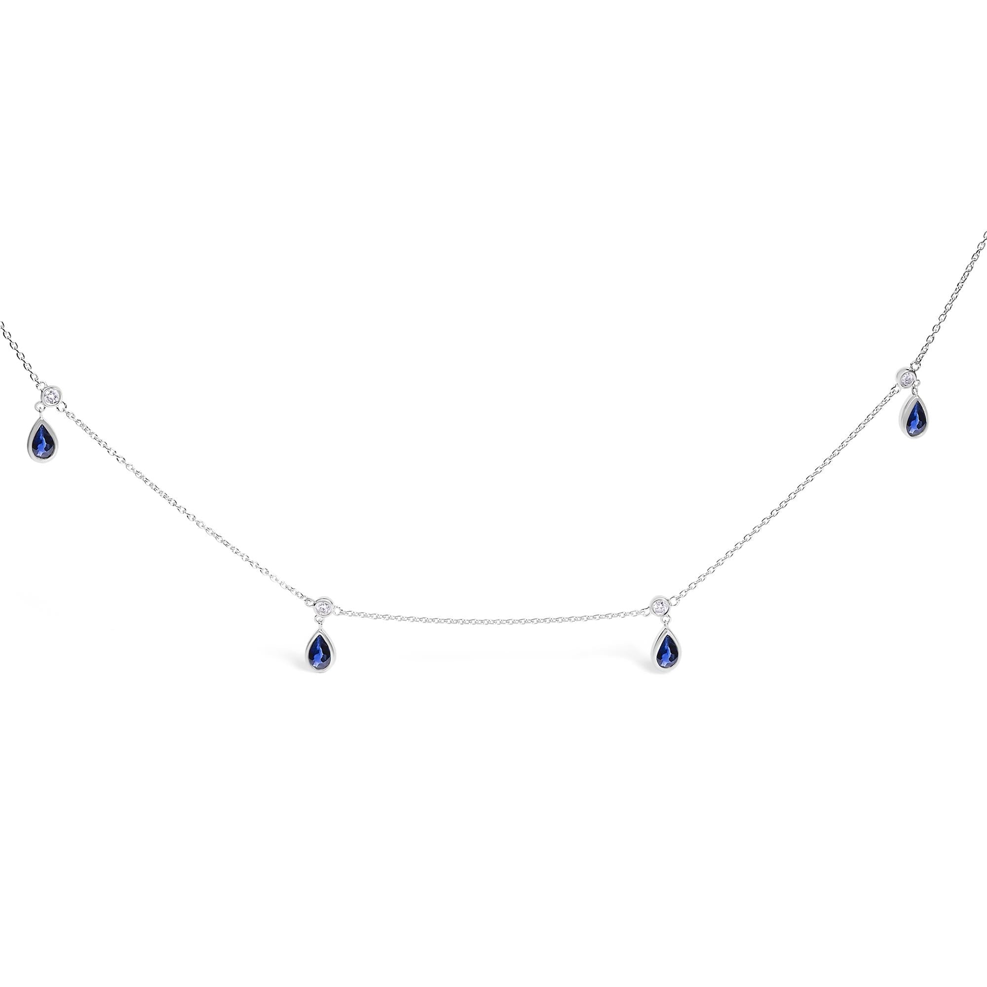 Collar de estaciones colgante con zafiro azul pera de 5x3 mm y diamantes en oro blanco de 10K, 18 pulg., foto 1