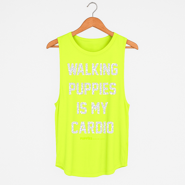 Walking Puppies is My Cardio Women's Sleeveless Tank in neon yellow